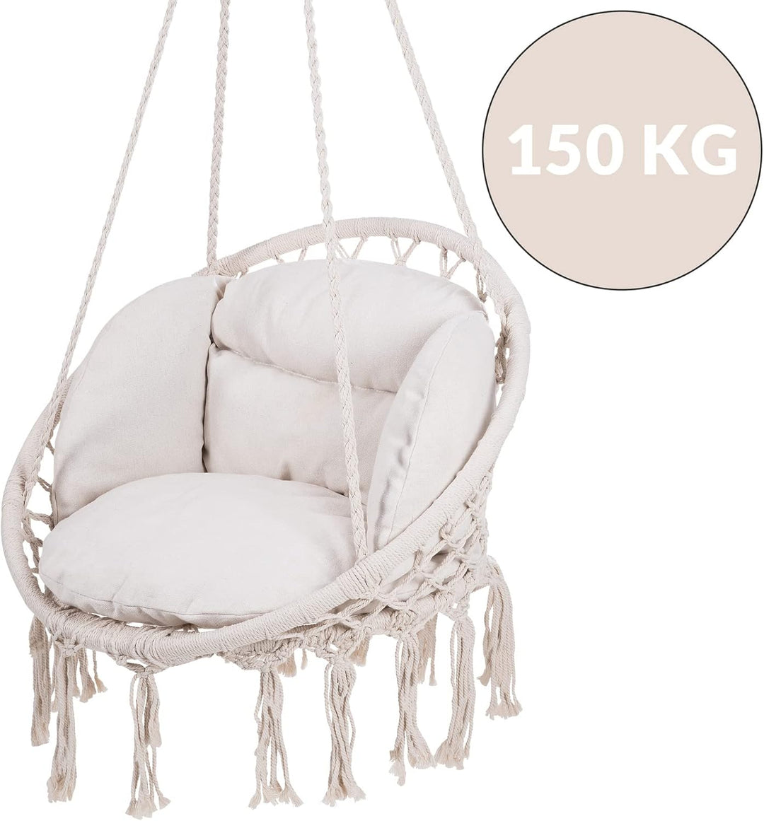 DETEX® Hängesessel bis 150kg Belastbar Boho Stil Wetterfest GS-Zertifiziert Garten 360° Drehbar Crem