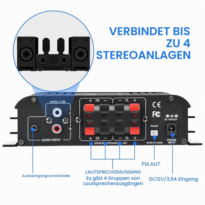 4 Kanal Mini Verstärker, 1200 W HiFi-Verstärker, Bluetooth 5.0-Stereoverstärker, UKW-Radio, tragbare