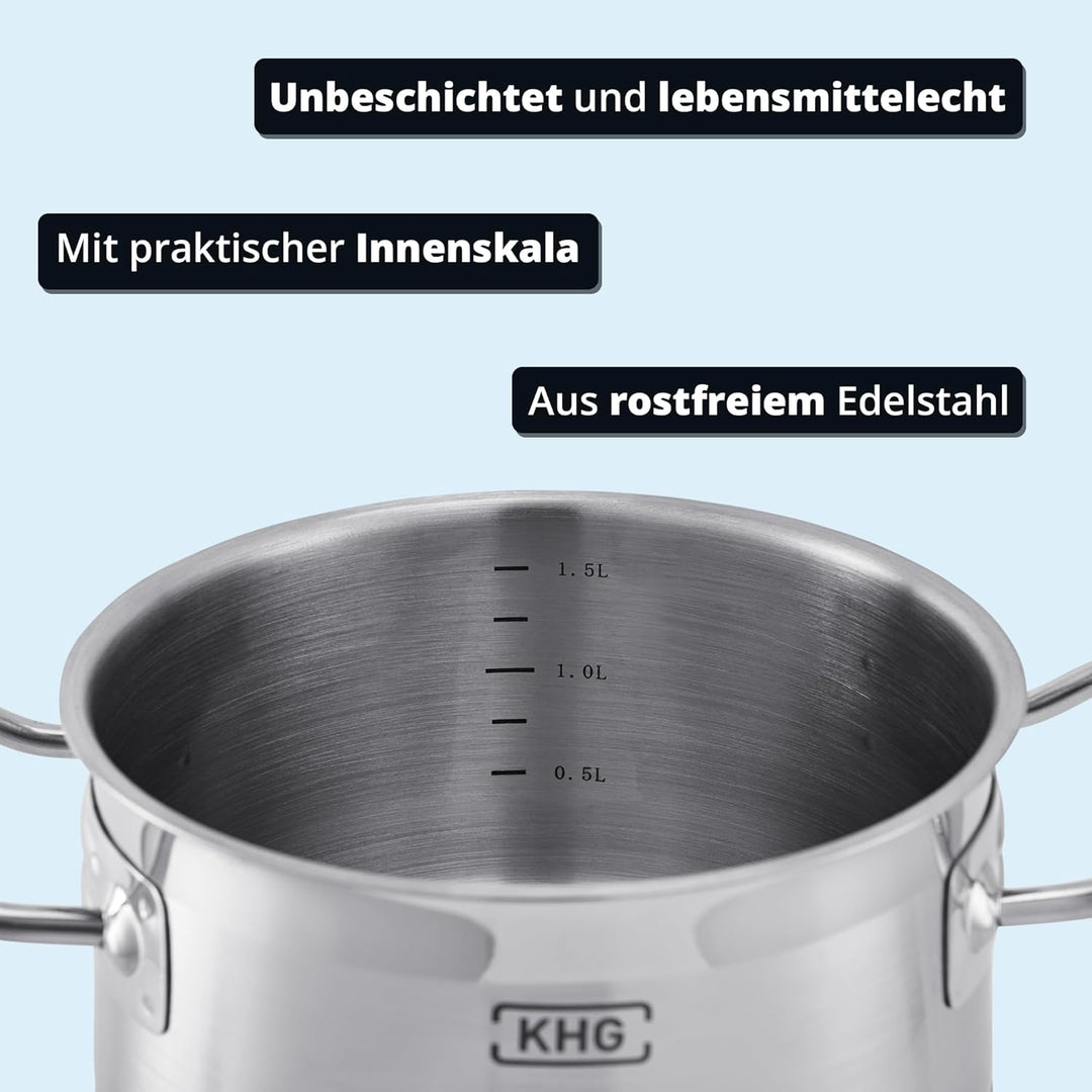 KHG Topf Kochtopf Fleischtopf 16 cm Induktion, Edelstahl unbeschichtet inkl. Glasdeckel | 9,5 cm hoh