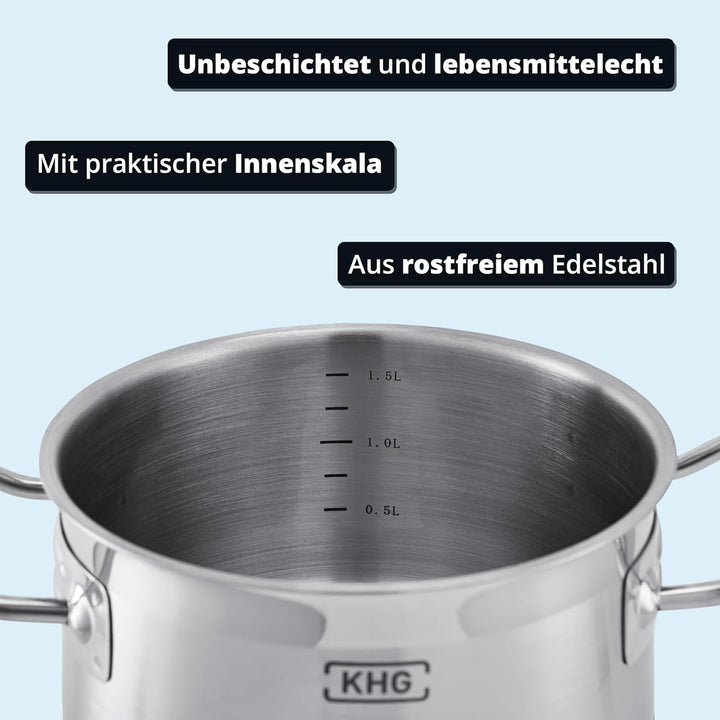 KHG Topf Kochtopf Fleischtopf 16 cm Induktion, Edelstahl unbeschichtet inkl. Glasdeckel | 9,5 cm hoh