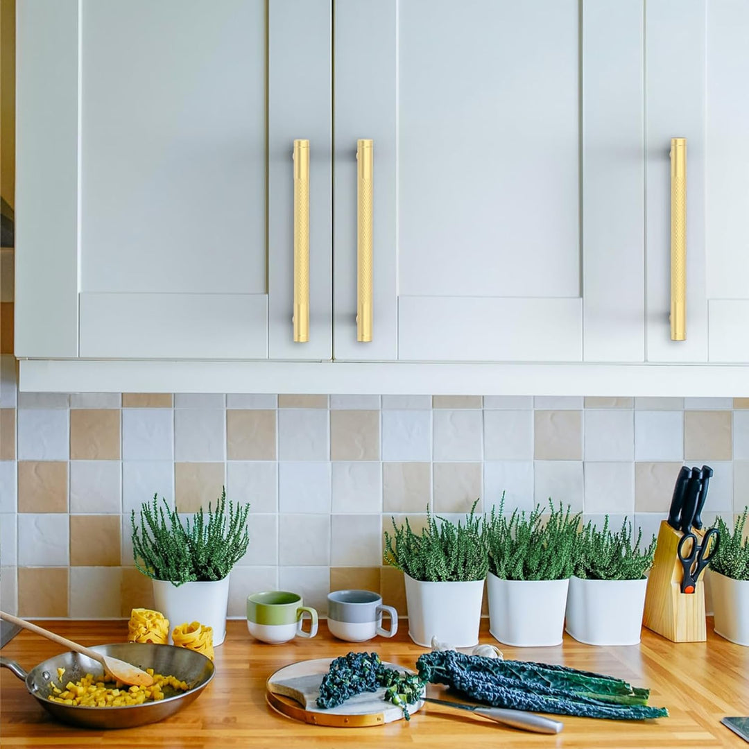 Amerdeco 10 Stück Gerändelte Schrankgriffe Gold Griffe Möbel Möbelgriffe 160mm Lochabstand Türgriffe