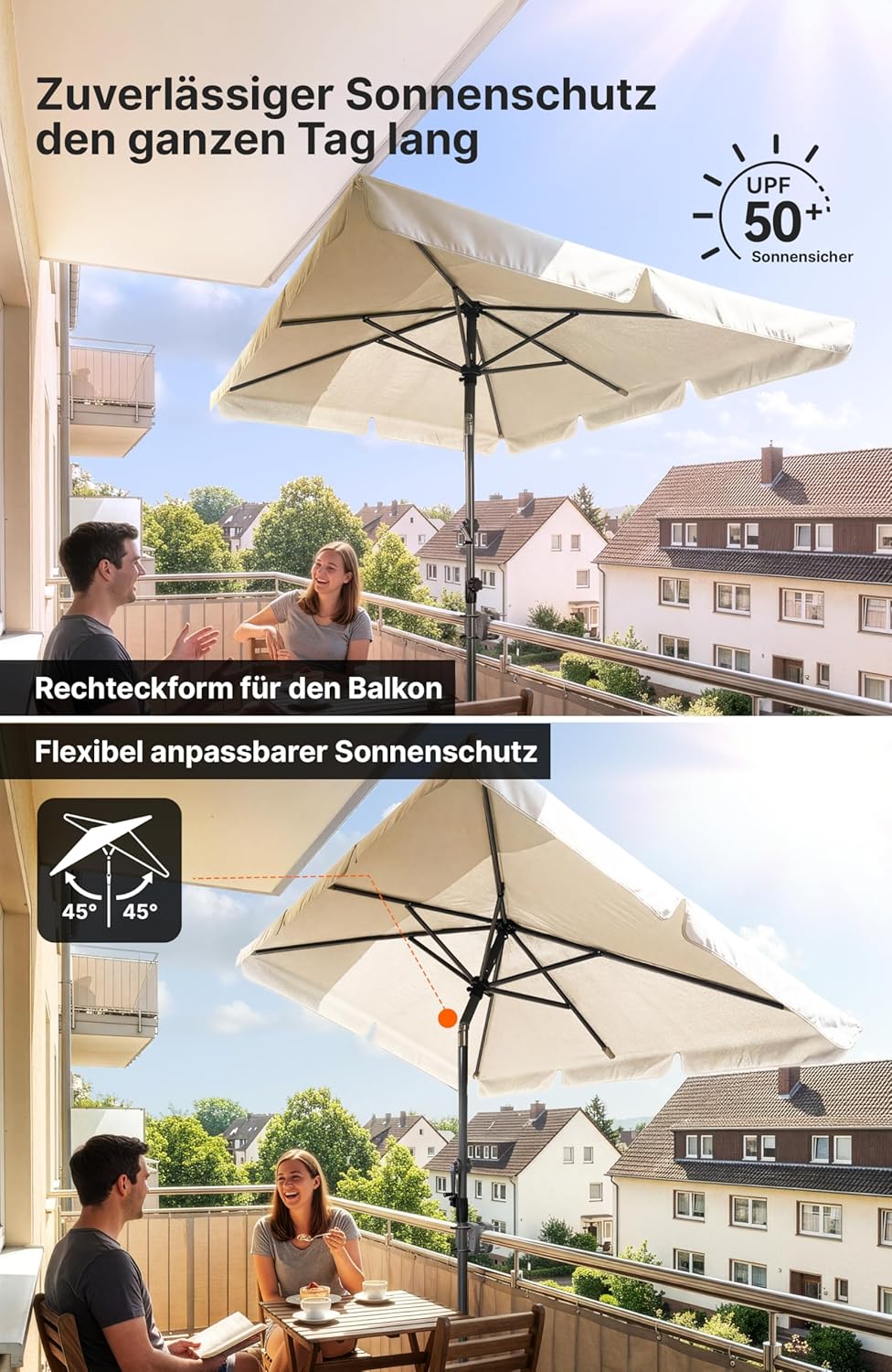 4smile Sonnenschirm Balkon mit Halterung im 3-er-Set, Sonnenschirm rechteckig 210x140 cm, Balkonschi