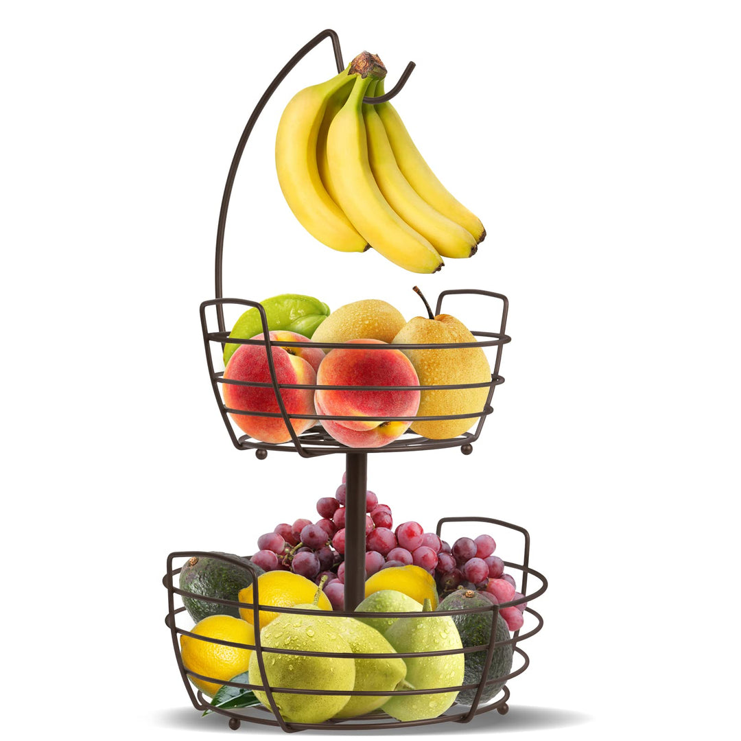 2 Stöckig Obstkorb mit Bananenhalter - Küche Obststaender für die Arbeitsfläche - Metall Obstschalen