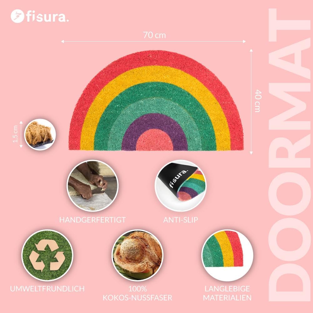 Fisura - Fussmatte aussen Regenbogen aus Kokosnuss mit Rutschfester PVC-Rückseite. Lustige Welcome F