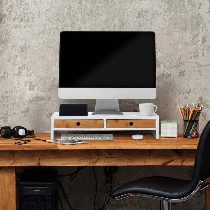 Relaxdays Monitorständer, 2 Schubladen, PC-Erhöhung für Schreibtisch, HxBxT: 12 x 56 x 27 cm, Bambus