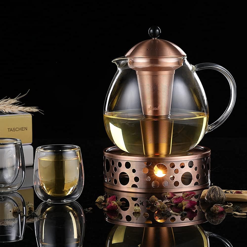 glastal 1500ml Bronze Teekanne mit Stövchen Teebereiter Glas und Edelstahl Teewärmer Teekanne Suit 1