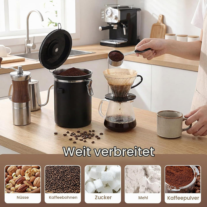Kaffeedose Edelstahl, 2,8 L Kaffeebohnen Behälter aus Edelstahl, Luftdicht Vorratsdose mit Deckel, E