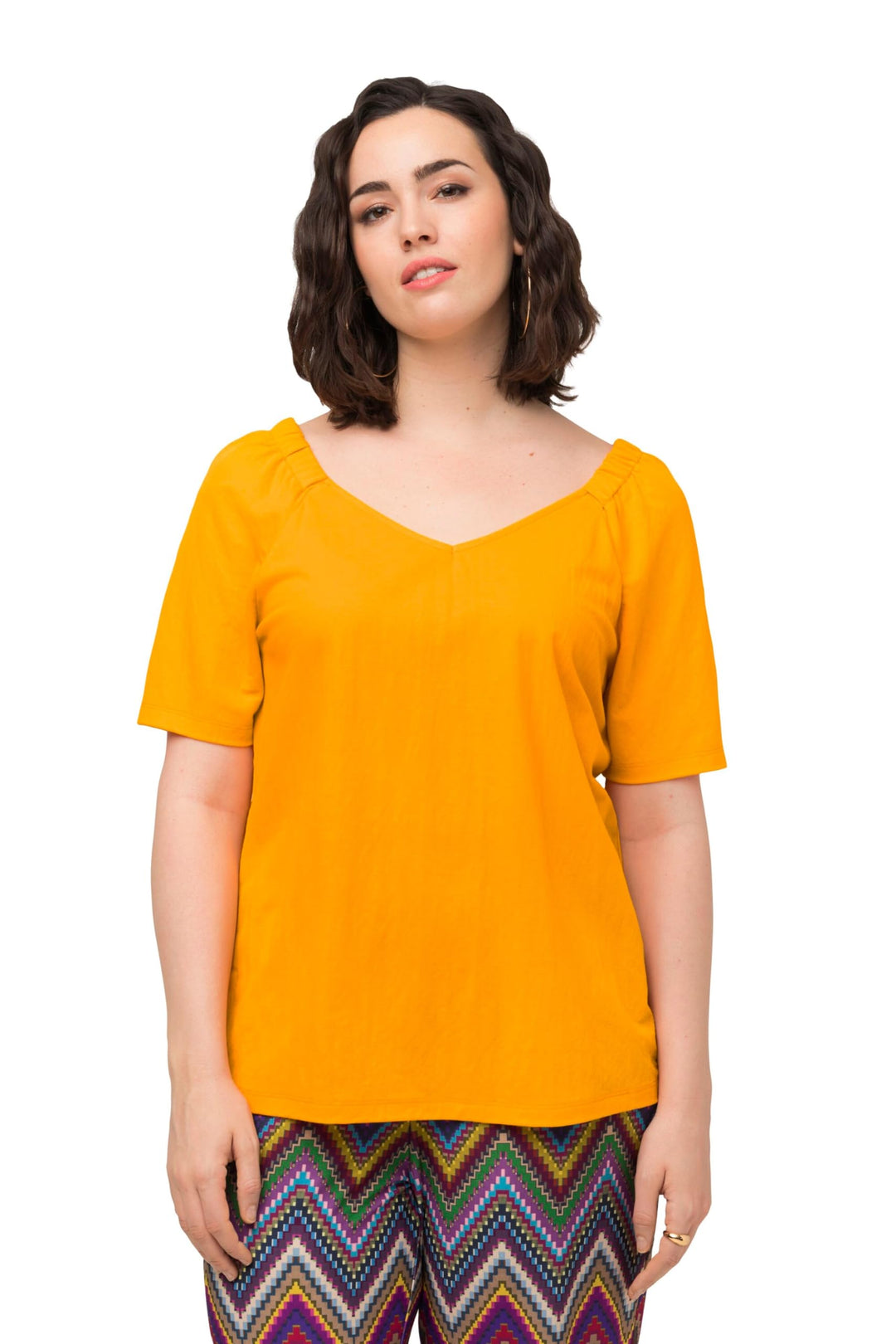 Ulla Popken Damen grosse Grössen Übergrössen Plus Size Shirtbluse, Kräuselungen, V-Ausschnitt, Halba