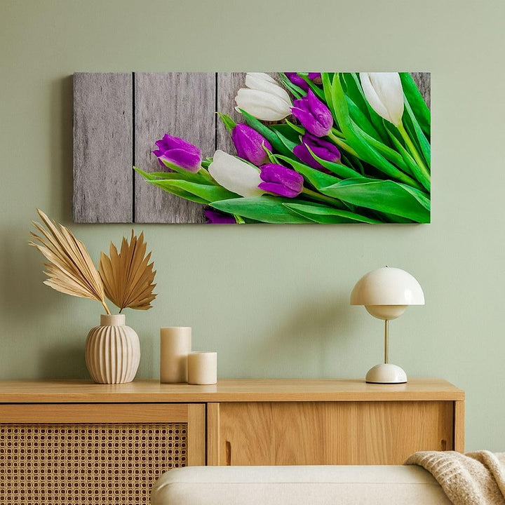 Wandbilder Dekoration Wohnzimmer Tulpen Holz Blumenstrauss Blumen Panorama Bilder auf Leinwand 120x5