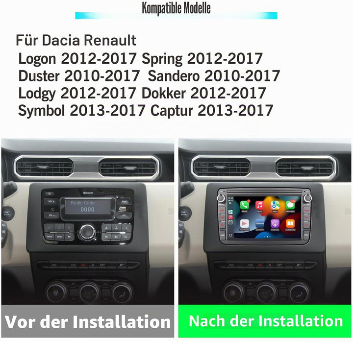 Autoradio mit Wireless CarPlay &amp; Android Auto für Dacia Sandero Duster Logan Dokker Capture Renault