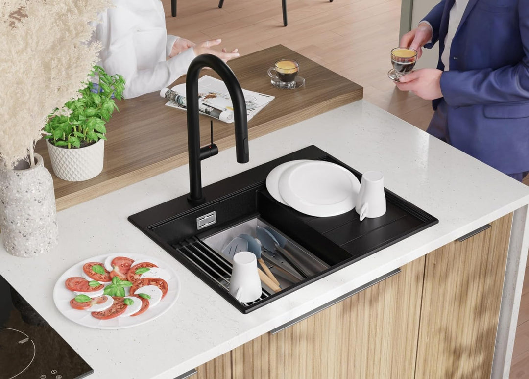 PRIMAGRAN Spülbecken Schwarz 62x50cm, Granitspüle 1 Becken + Ablauf-Set + Küchenzubehörset, Küchensp