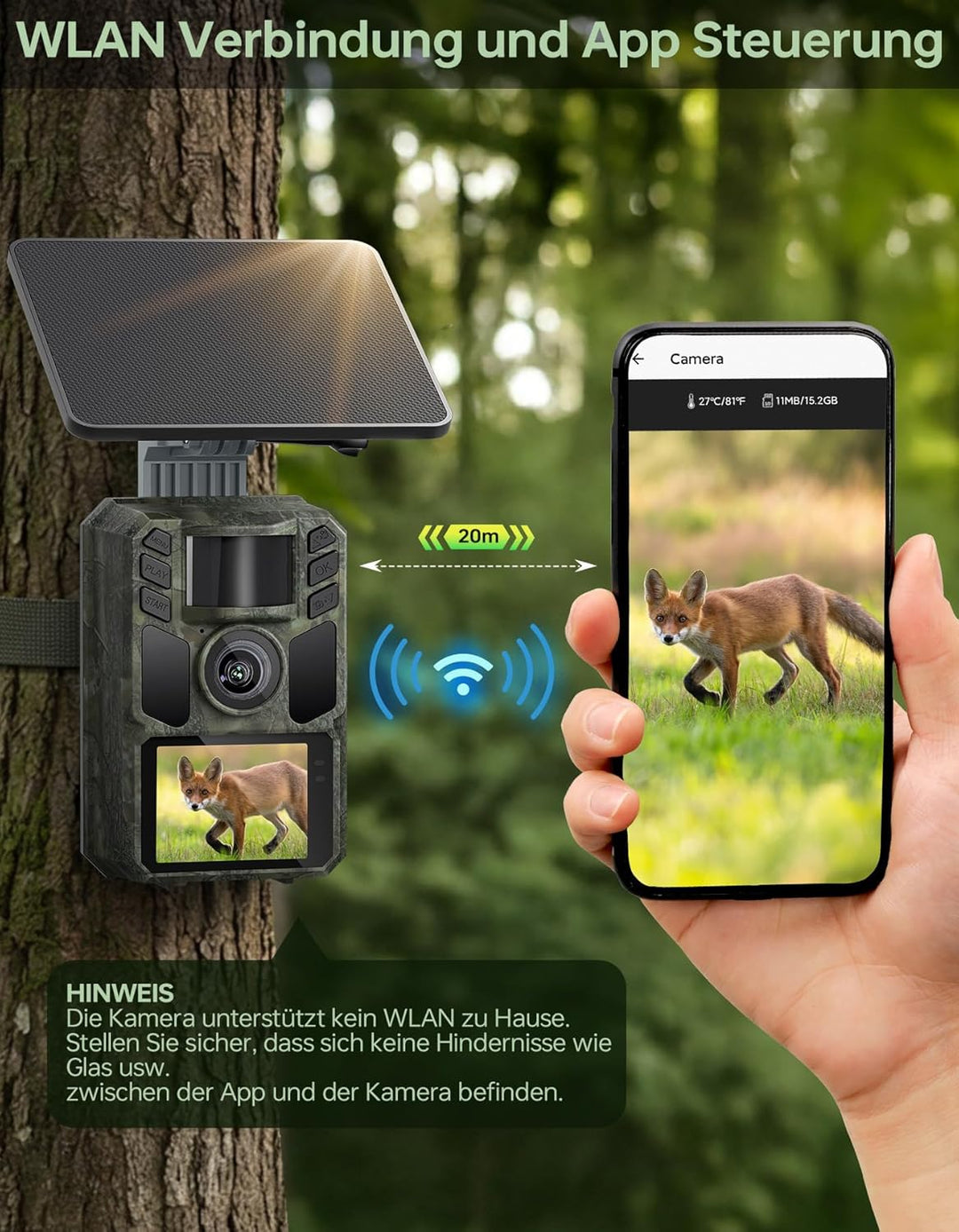 Wildkamera mit Handyübertragung App,Wildtierkamera 4K 64MP WLAN Solar mit Lithium-Batterie, Bewegung