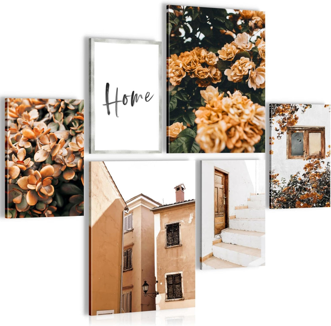 Novart Bilder Set - AUFHÄNGFERTIG - KEIN EXTRA RAHMEN BENÖTIGT - Home Blumen Modern Orange - Wohnzim