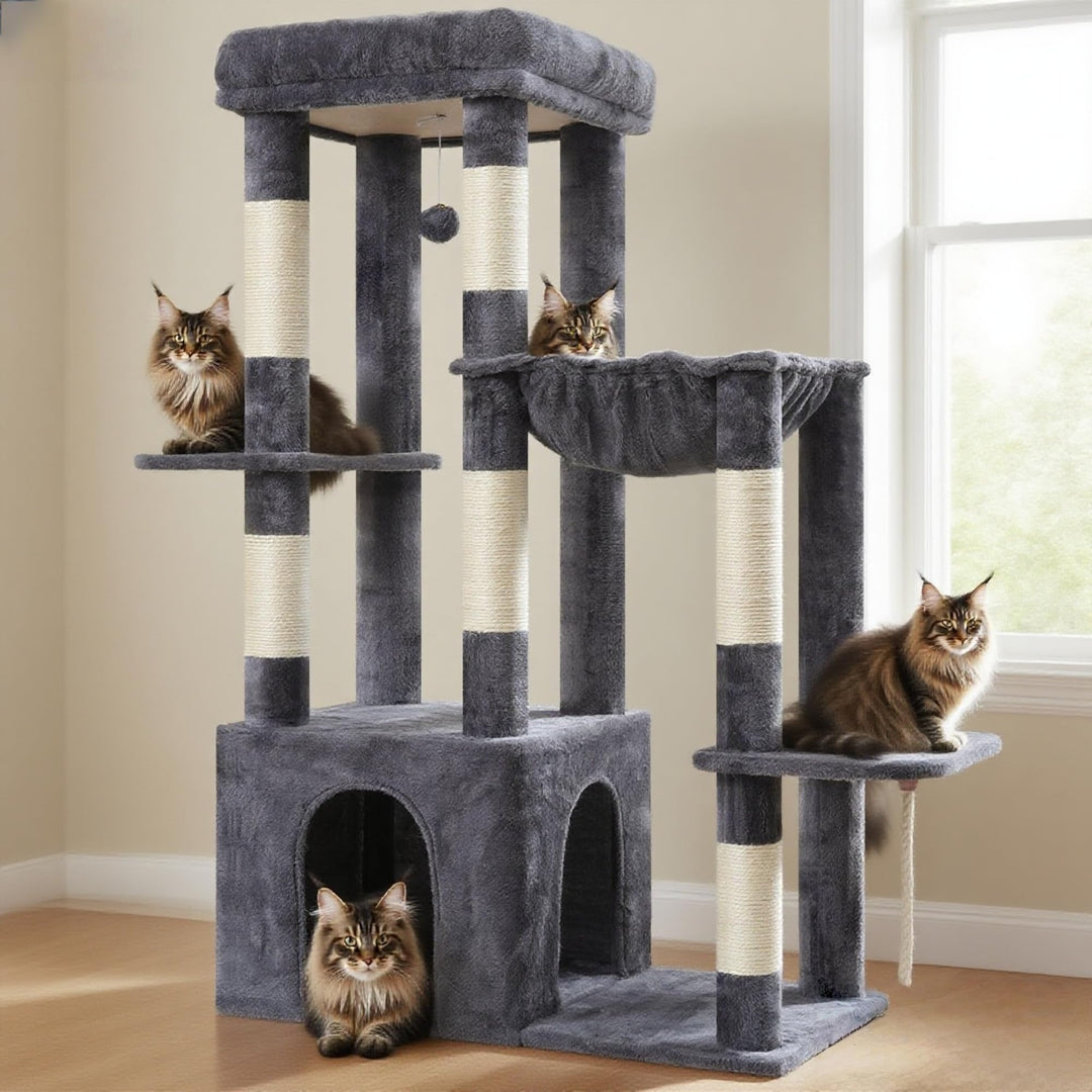 Heybly Kratzbaum 120cm - Grosser Katzenbaum für Erwachsene Katzen mit XL-Basis, Katzenwohnung mit Me