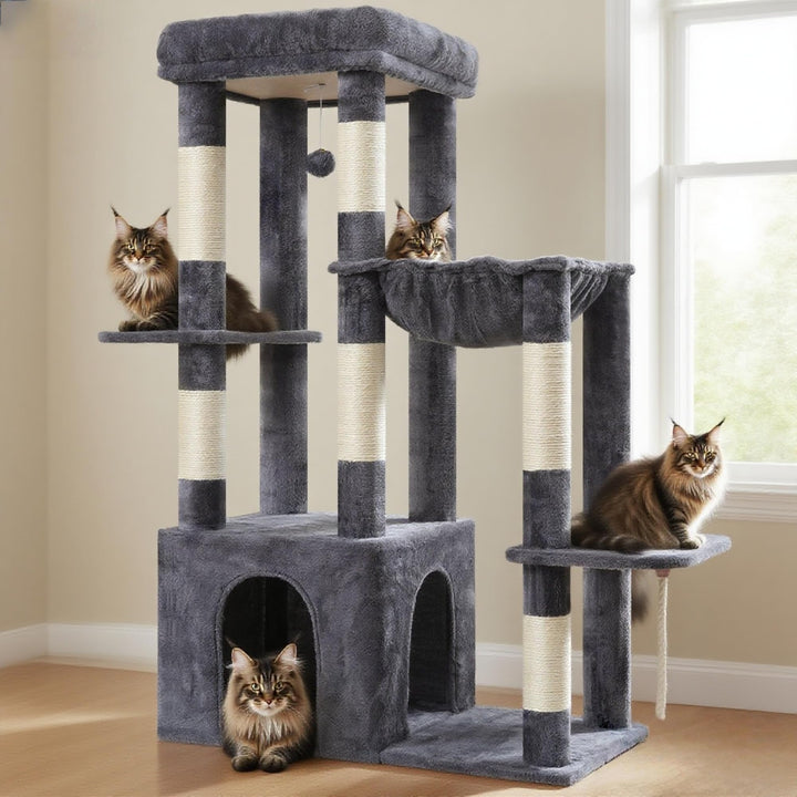 Heybly Kratzbaum 120cm - Grosser Katzenbaum für Erwachsene Katzen mit XL-Basis, Katzenwohnung mit Me
