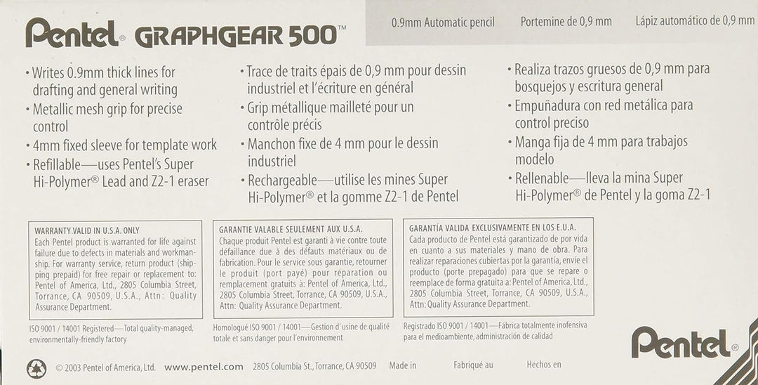 Pentel PG519-G GraphGear500 Druckbleistift 0,9 mm Strichstärke, Kunstoffgehäuse mit Härtegradindikat