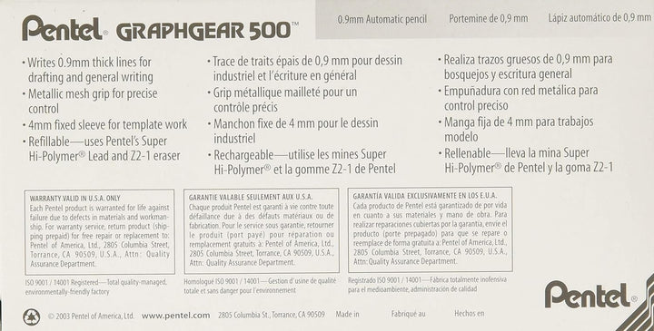 Pentel PG519-G GraphGear500 Druckbleistift 0,9 mm Strichstärke, Kunstoffgehäuse mit Härtegradindikat