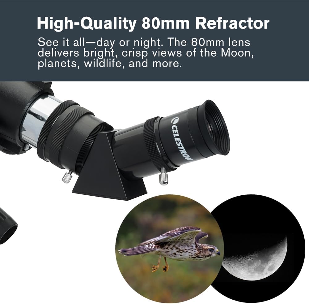 Celestron 22030 Travel Scope tragbares Refraktor-Teleskop 80 mm Linse mit vollvergüteter Glasoptik,