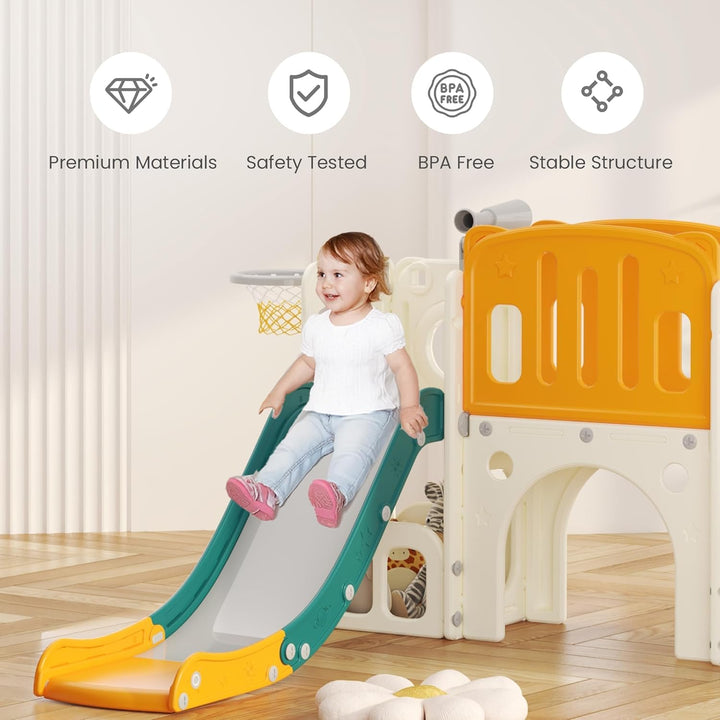 hoopyosms Kinder Rutsche Mit Klettergerüst, Basketballkorb Und Tunnel, Indoor-Kunststoffrutschenset