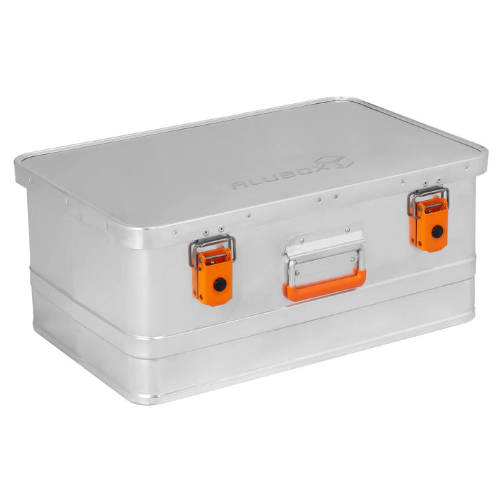 alubox Werkzeugtruhe Werkzeugkoffer 40 L silber Alu glänzend - orange Schnallen - Frontgriff - 040 L