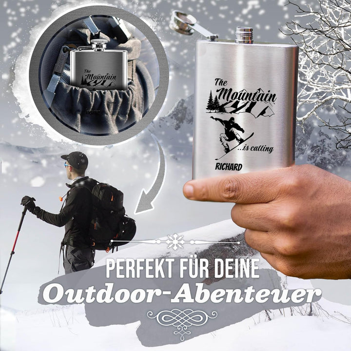 Flachmann mit Gravur aus Edelstahl selbst gestalten - The mountain is calling! - mit Name gravieren