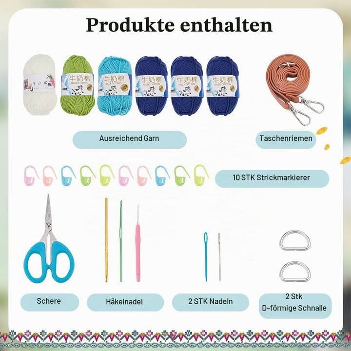 FREEBLOSS Häkelset Für Anfänger, Granny Square Häkel Starter Set, Häkel Einkaufstasche, Häkeltaschen
