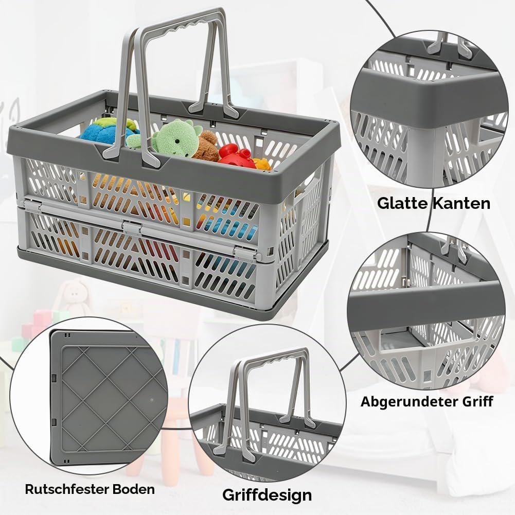 Klappbox mit Griff, Einkaufskorb Faltbar, Tragbarer Klappkiste, Klappkorb Plastik, Platzsparend &amp; St