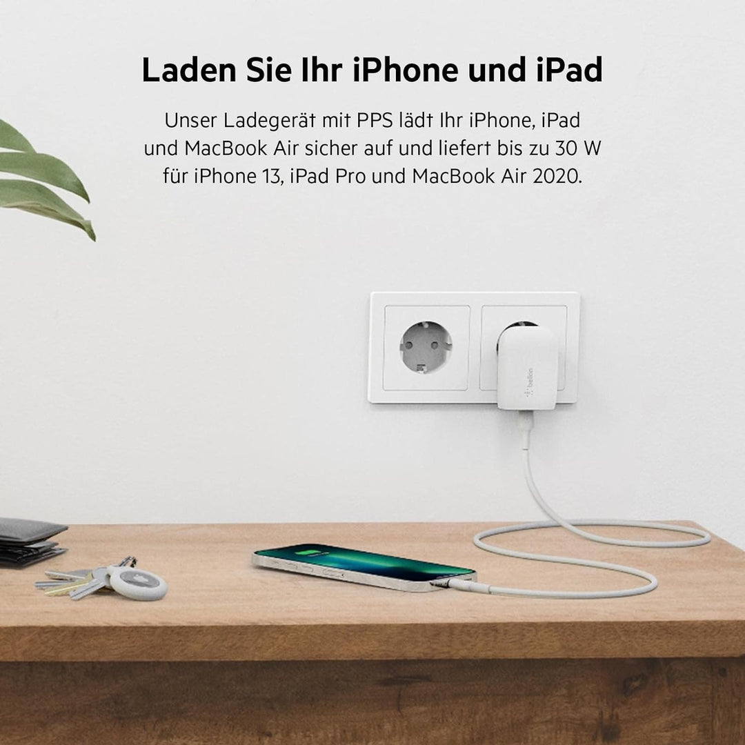 Belkin 30-W-USB-C-Ladegerät mit USB-C/Lightning-Kabel, PPS, PowerDelivery, USB-IF-zertifiziert PD 3.