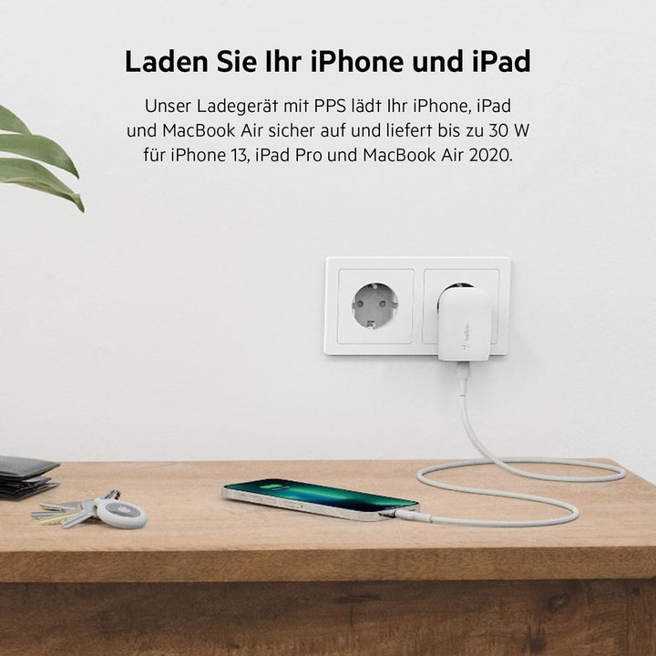 Belkin 30-W-USB-C-Ladegerät mit USB-C/Lightning-Kabel, PPS, PowerDelivery, USB-IF-zertifiziert PD 3.