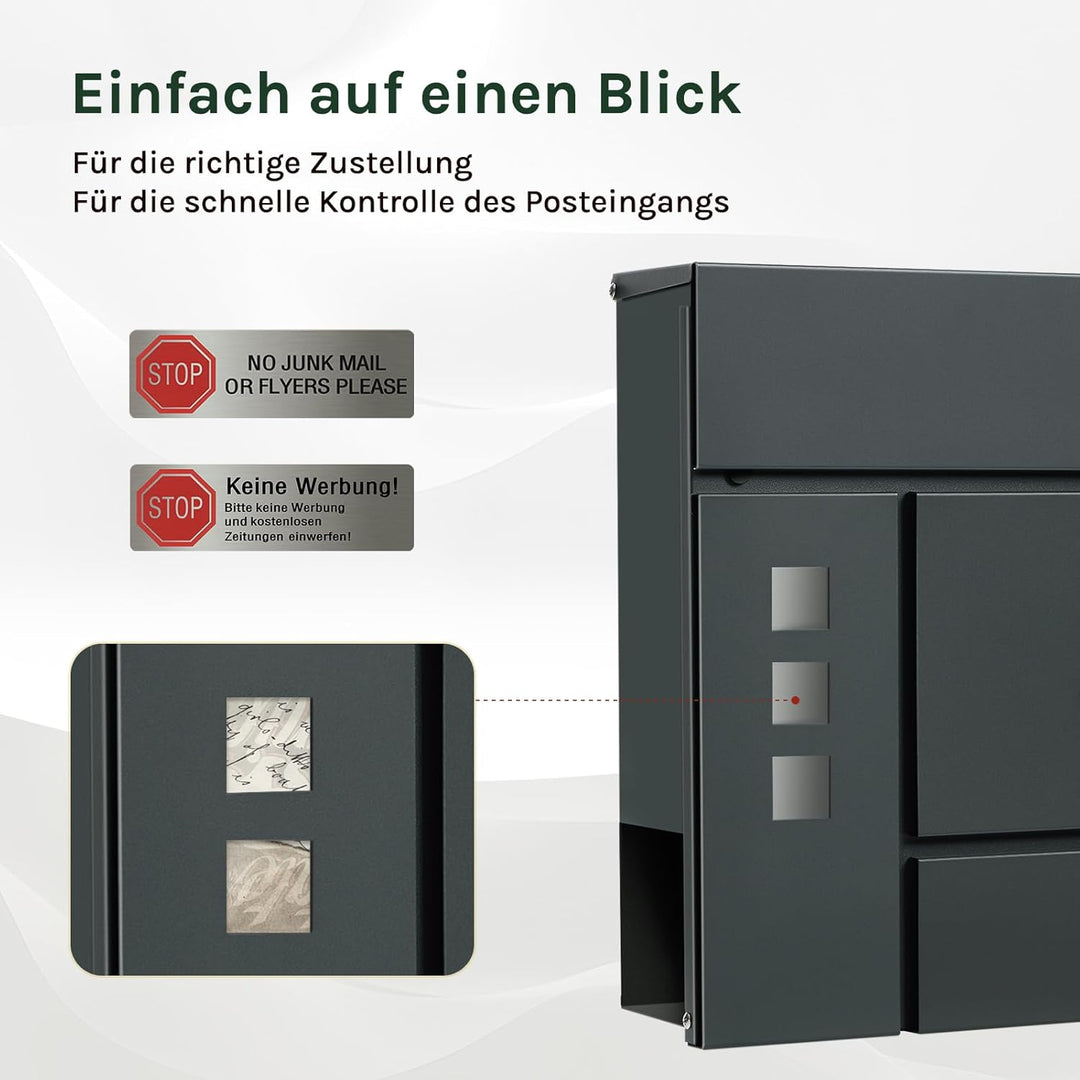 WOLTU Briefkasten Postkasten mit Zeitungsfach Sichtfenstern Klappdeckel, Wandbriefkasten abschliessb