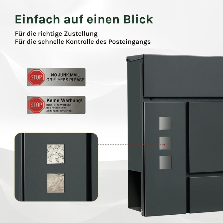 WOLTU Briefkasten Postkasten mit Zeitungsfach Sichtfenstern Klappdeckel, Wandbriefkasten abschliessb