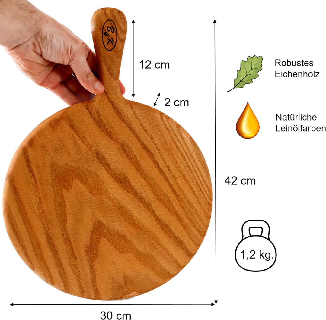 B4K® ⌀ 30 cm | Pizzabrett mit Griff aus Eichenholz | Antibakterielle Oberfläche | Geölt | Zweiseitig