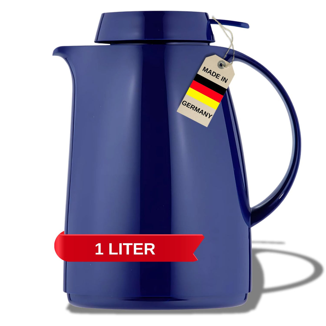 Helios Servitherm Thermoskanne Dunkelblau 1,0L – 6h Heiss - Hält Getränke heiss & kalt – Einhandbedi