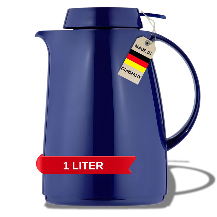 Helios Servitherm Thermoskanne Dunkelblau 1,0L – 6h Heiss - Hält Getränke heiss & kalt – Einhandbedi