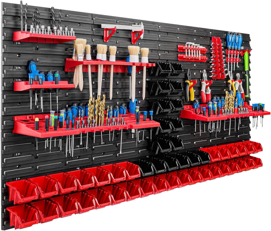 Lagersystem Werkstattregal | 156 x 78 cm | 48 stck. Box | Wandregal mit Werkzeughalterungen und Stap