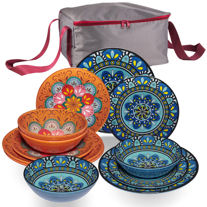 Melamin Geschirr Set Toskana Pastel für 4 Personen - Orange-Blau - Mandala-Optik Spülmaschinengeeign