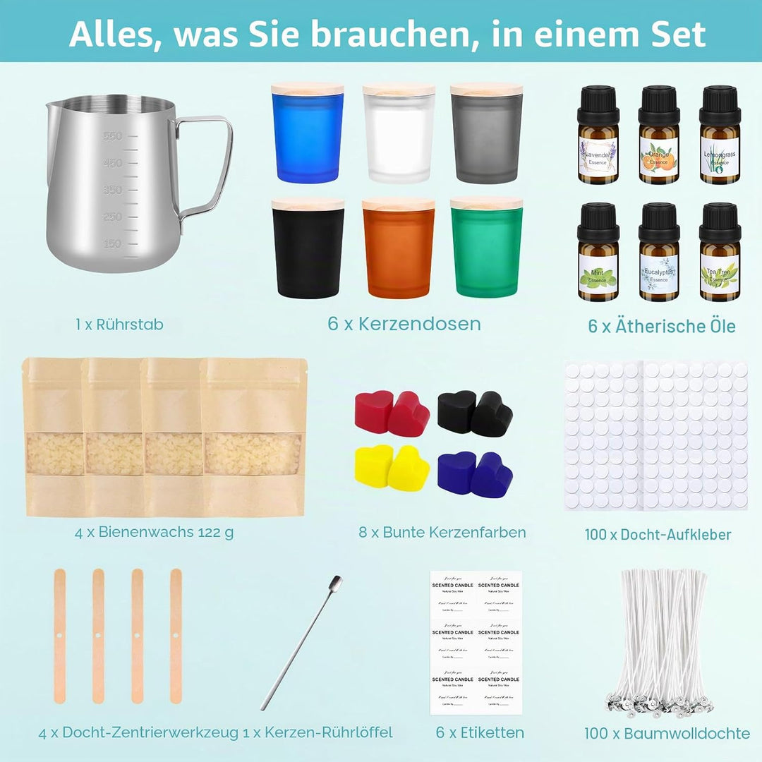 Kerzen Selber Machen Set,Kerzenherstellung Zubehör,Duftkerze Geschenke Set mit 6 Glas,500g Bienenwac