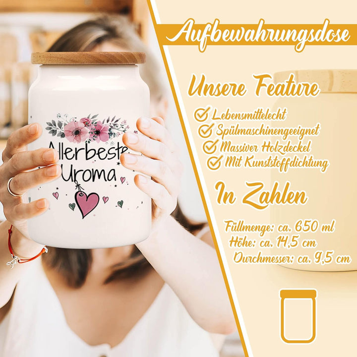PR Print Royal Vorratsdose mit Spruch - Allerbeste Uroma - Hochwertige Keramikdose mit Holzdeckel -