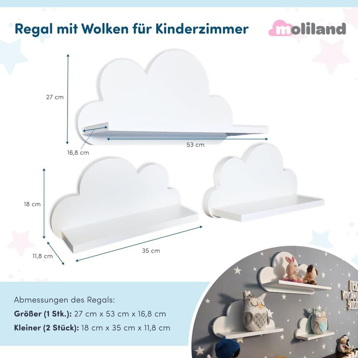 3er Set Wandregal Kinderzimmer Weiss | Babyzimmer Wolkenregal für Bücher, Spielzeug, Dekoration | Re