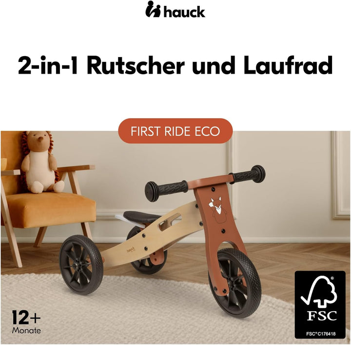 Hauck First Ride Eco, Fuchs - 2 in 1 Holz Dreirad Rutscher & Zweirad Laufrad mit 7,5 Zoll Räder für