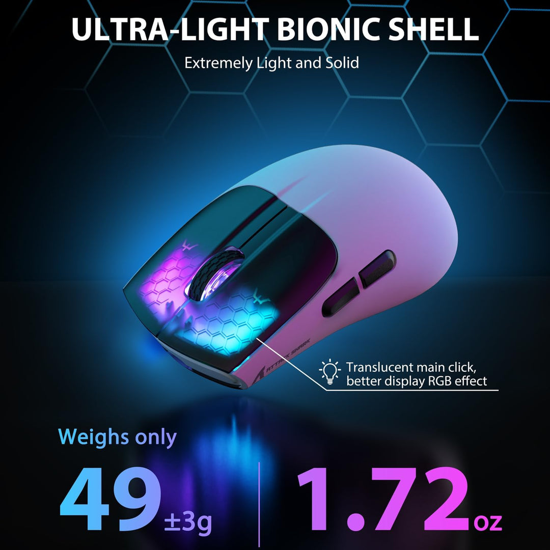ATTACK SHARK X5 Ultra-leichte kabellose Gaming-Mäuse 49g,Tri-Mode Kabelgebunden/2.4G/BT5.0,PAW3312 P