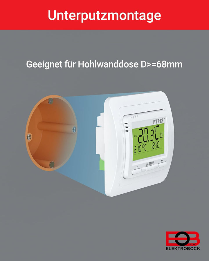 Elektrobock Digitaler Raumthermostat für Fussbodenheizung, PT712, 80 x 80 x 40 mm