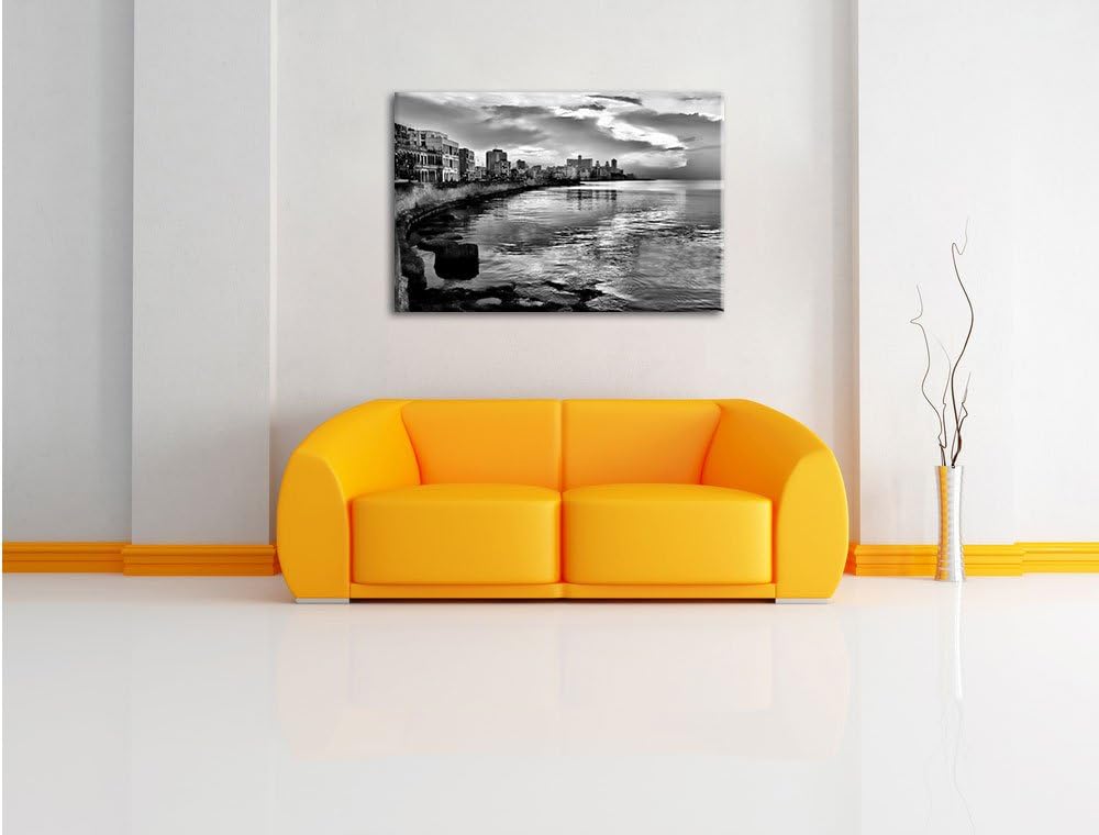 Pixxprint Blick auf Stadt am Meer / 100x70cm Leinwandbild bespannt auf Holzrahmen/Wandbild Kunstdruc