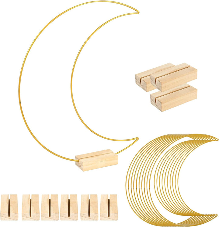 IGTOPS 10 Stück 30cm Mond Metall-Blumenreifen mit 10 Hexagon Holzständer, Metall Kranzring Gold Meta