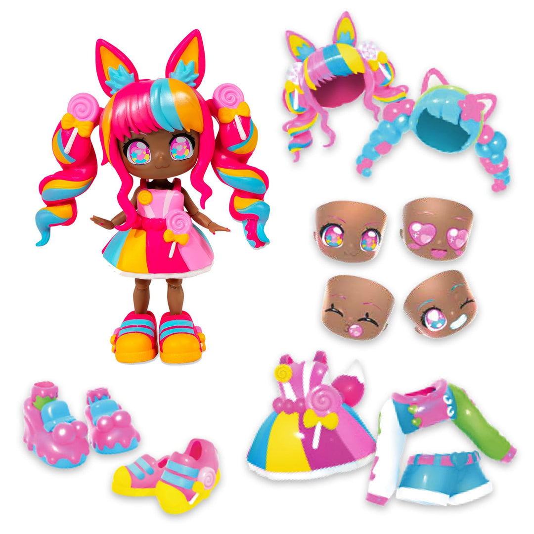 BANDAI - Animakii Lollipop und Bubblegum - Set Personalisierbare Puppen - 1 Puppe, 4 Gesichter, 2 Fr