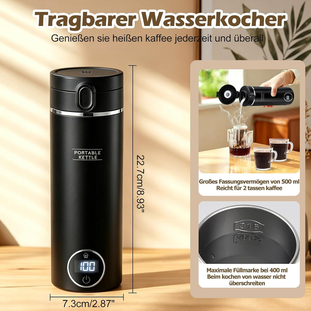Elektrischer Reisewasserkocher Klein 500ML/ 300W,Tragbarer Wasserkocher Mini Wassertasse Edelstahl 3