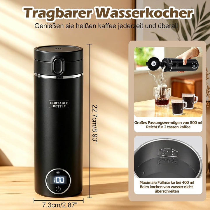 Elektrischer Reisewasserkocher Klein 500ML/ 300W,Tragbarer Wasserkocher Mini Wassertasse Edelstahl 3