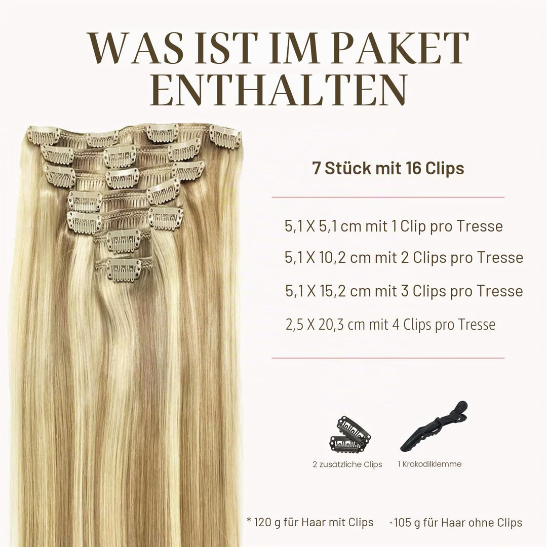 GOO GOO Clip in Extensions Echthaar, Echthaar Extensions Clip, 40cm 120g 7pcs, Clip In Haarverlänger