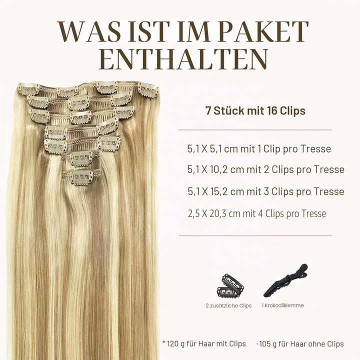 GOO GOO Clip in Extensions Echthaar, Echthaar Extensions Clip, 35cm 120g 7pcs, Extensions Echthaar,