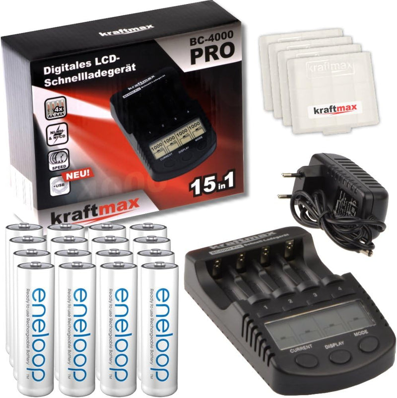 Kraftmax Kombipack - Kraftmax BC-4000 Pro Ladegerät und 16x Pansonic Eneloop AA/Mignon Akkus - Neues